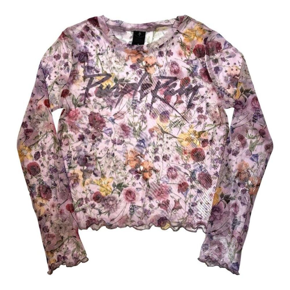 Prince Womens/Ladies Purple Rain Floral Mesh Logo Long-Sleeved Crop Top / Pink
